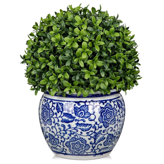 DILATATA Artificial Topiary Boxwood Ball in Blue and White Ceramic Pot, 10 Inch Artificial Boxwood in Planters Decorative Fake Greenery for Table Centerpiece Indoor Plant Home Decor - Medium
