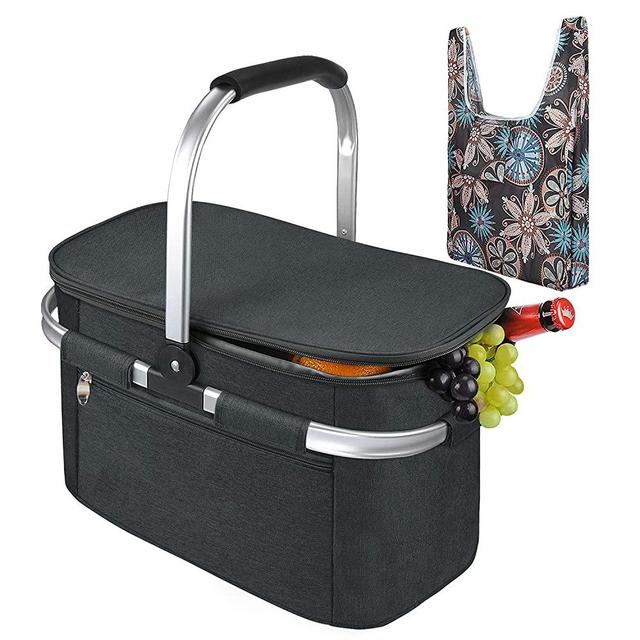 Tirrinia Large Insulated Picnic Basket, 26L Leakproof Collapsible Portable Cooler Basket Set with Aluminium Handle for Travel, Shopping, Camping, Attach with a Free Foldable Grocery Bag, Black