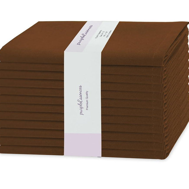 PurpleEssences Set of 12 Cloth Dinner Napkins 100% Cotton 18x18 Inch - Soft Durable Washable - Ideal for Farmhouse Party Spring Summer Easter - Perfect Everyday Use Table Linen - Nut Brown