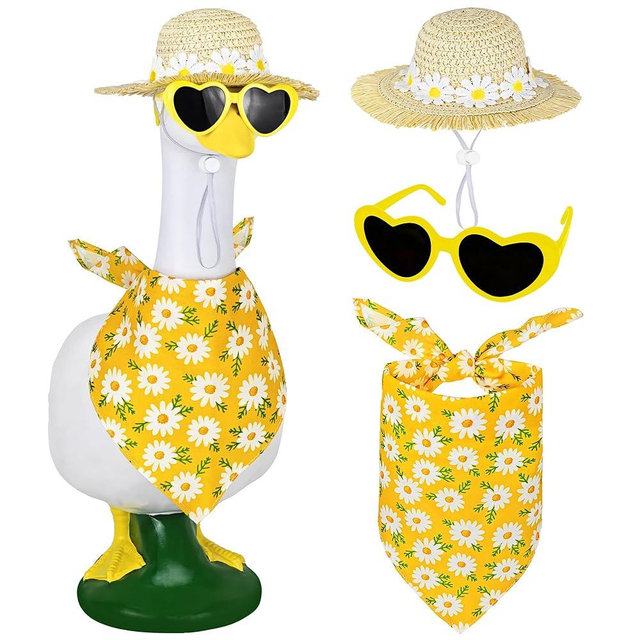 Ueyben Summer Porch Goose Outfits, Daisy Flower Goose Outfit Spring Geese Clothes Costume with Straw Hat Scarf for 17/23" Lawn Cement Plastic Geese Statue for Garden Yard Decor Accessories
