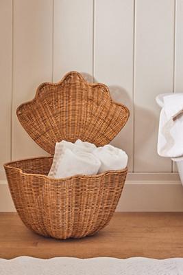 Shell Wicker Woven Basket with Hinged Lid