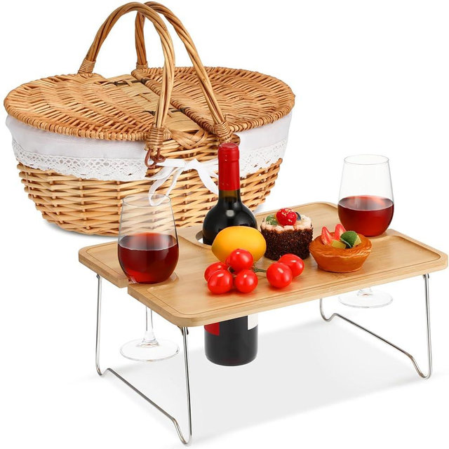 FoldTier Picnic Basket with Foldable Wine Table Kit, Handmade Wicker Basket with Lid Handle Portable Bamboo Tray Table for 2 Outdoor Camping Picnic Wine Set Gift for Couples (White)
