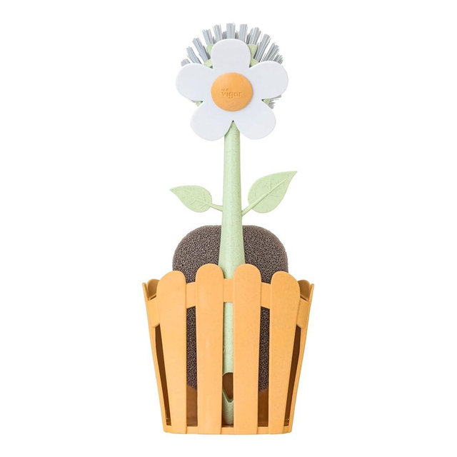 Vigar Florganic 3-in-1 Kitchen Sink Caddy Set, Flower-Shaped Dish Brush, Sponge, Fence-Shaped Holder and Suction Cup, Ideal Sink Organizer, Orange