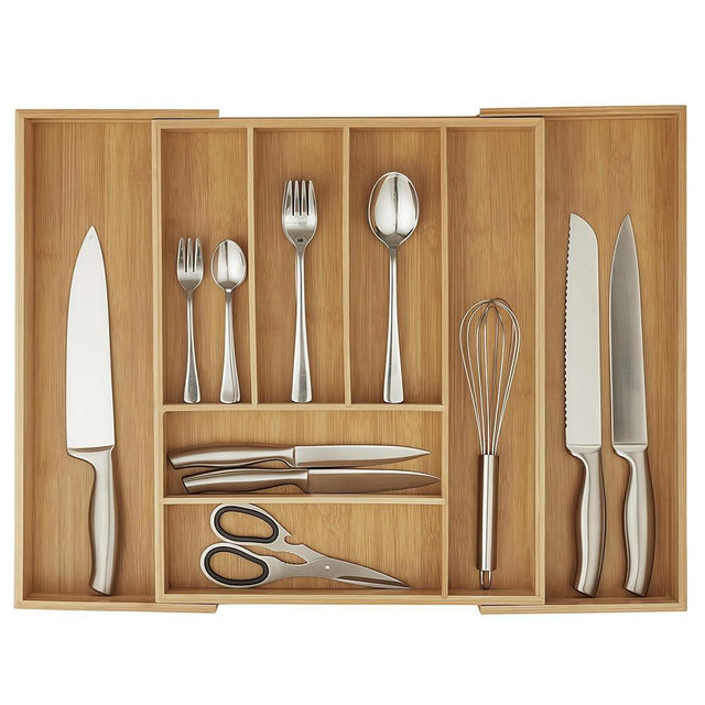 Klabelle Bamboo Drawer Organizer - Expandable Kitchen Utensil Holder, Adjustable Silverware Drawer Organization, Kitchen Wooden Tray for Cutlery, Flatware & Stationery, 6-8 Slots (Natural)