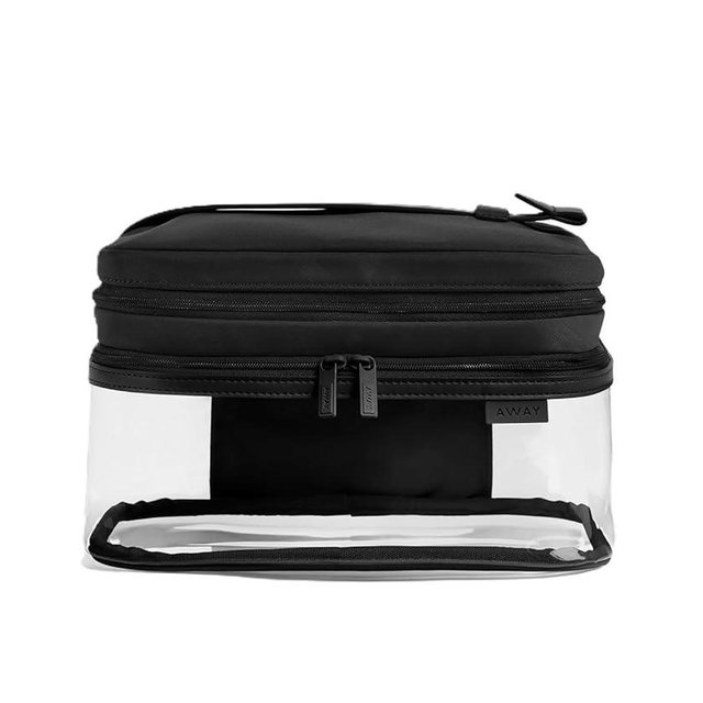 Away Clear Cosmetic Case for Travel, TSA Approved Double Compartment Makeup & Cosmetic Organizer with Leather Handle, Transparent Carry-On Pouch for Toiletries, Brushes & Essentials