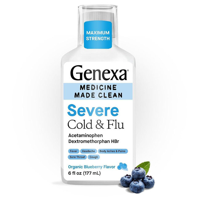Genexa Clean Severe Cold & Flu Relief, Dye Free, 0% Artificial Additives, Daytime Medicine for Body Pain, Cough, Cold and Flu, Headache, Fever, Chest Congestion, Organic Blueberry Flavor, 6 fl oz
