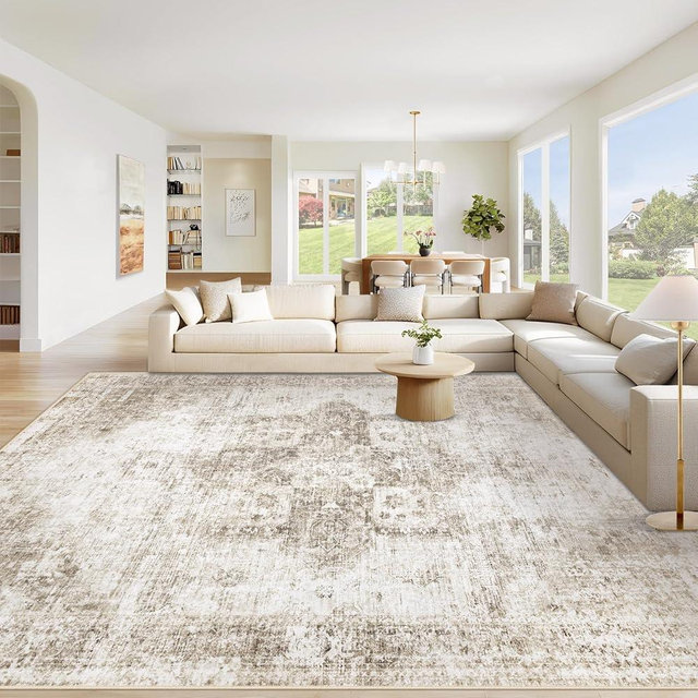 VECARF Area Rug 10x14 Washable Rug, Vintage Boho Medallion Rugs Non-Slip Soft Low Pile Large Distressed Rug Indoor Retro Carpet for Living Room Bedroom Dining Room Home Office (Taupe, 10'x14')