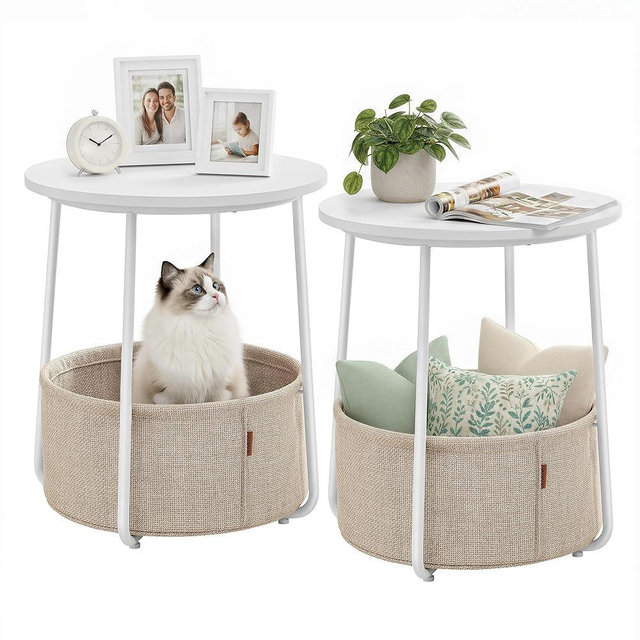 VASAGLE LILEA Collection - Small Round Side End Table, Modern Nightstand with Fabric Basket, for Living Room, Bedroom, Set of 2, Matte White and Camel Brown ULET225WG01S