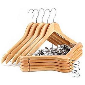 Tosnail 10-Pack Wooden Pant Hanger, Wooden Suit Hangers with Steel Clips and Hooks, Natural Wood Collection Skirt Hangers, Standard Clothes Hangers