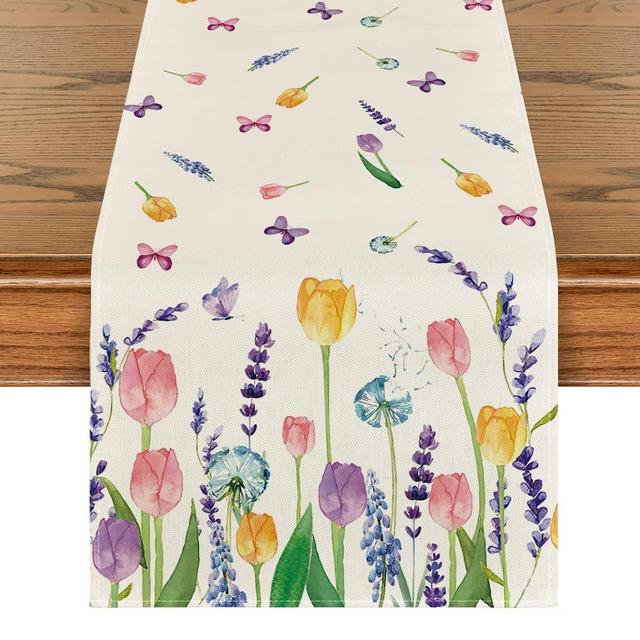 Artoid Mode Lavender Tulip Spring Table Runner, Summer Seasonal Anniversary Holiday Kitchen Dining Table Decoration for Indoor Outdoor Home Party Decor 13 x 108 Inch