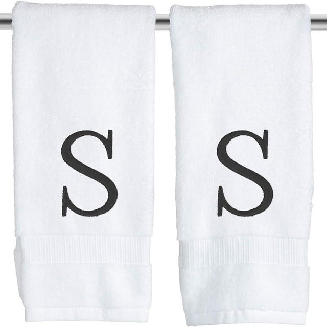Decorvo Black Letter Hand Towel for Bathroom - Monogrammed Initial Hotel Quality Decorative Embroidered Towel for Powder Room, Spa - GOTS Organic Certified - Set of 2 Letter S