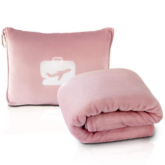 EverSnug Travel Blanket and Pillow - Premium Soft 2 in 1 Airplane Blanket with Soft Bag Pillowcase, Hand Luggage Belt and Backpack Clip (Light Pink)