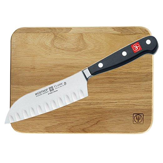 Wusthof Classic High Carbon Steel Hollow Edge 5 Inch Santoku Knife with Free Wusthof Bar Board