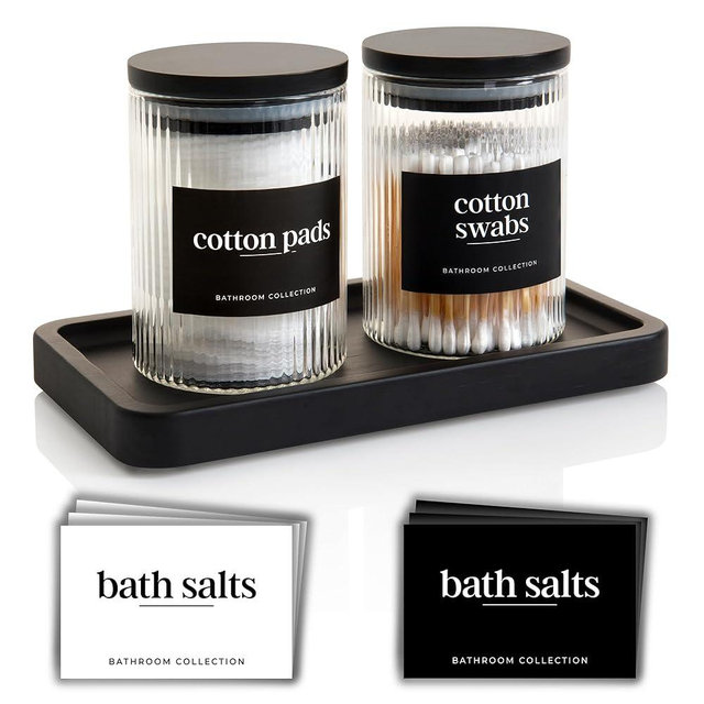 Mason & Fable Ribbed Glass Bathroom Jars & Tray Set | 10 fl oz, Set of 2 Storage Canister with Airtight Black Bamboo Lids | Cotton Pad/Swab/Q tip Holder/Bath Salt/Clear Vanity Apothecary Organizer