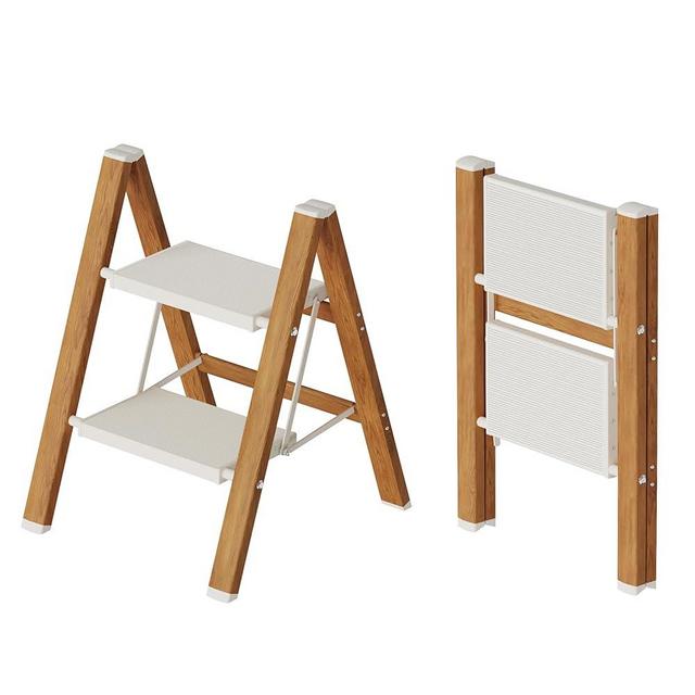 Mayi Plus 2 Step Lightweight Aluminum Folding Ladder, Portable Step Stool with Anti-Slip Pedals, 330 lbs Capacity for Home, Office, Kitchen（White&Woodgrain）