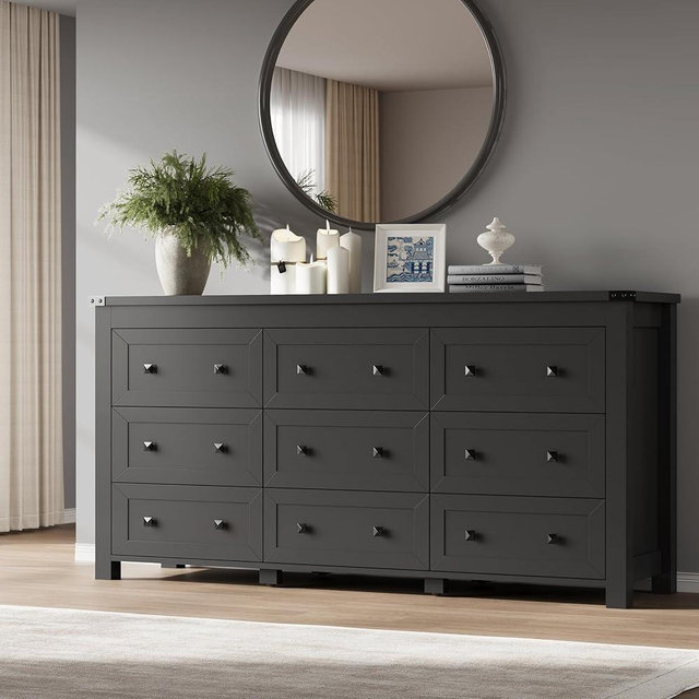 BORNOON 9-Drawer Dresser, Modern Wooden Storage Chest of Drawers, Dresser TV Stand, Wood Drawer Organizer with Metal Handles for Bedroom, Living Room, Hallway