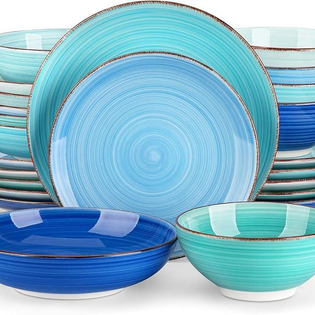 vancasso Bonita Dinnerware Set 24 Pieces Blue Stoneware Service for 6, Handpainted Spirals Pattern Stoneware Combination Set