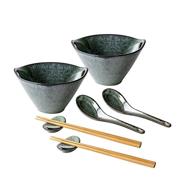 Japanese Ramen Bowl Set with Chopsticks, Spoons and Rests, UNICASA 26oz Deep Porcelain Noodle Bowl Set of 2 for Udon, Pho, Salad, Soup (Teal Green)