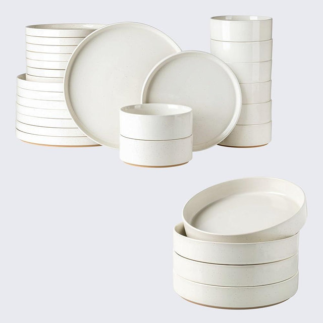AmorArc Ceramic Dinnerware Set for 8 | Speckled Stoneware Plates and Bowls with Rustic Terracotta Underside| Scratch Resistant,Dishwasher & Microwave Safe Dishes Sets- 28pcs Beige