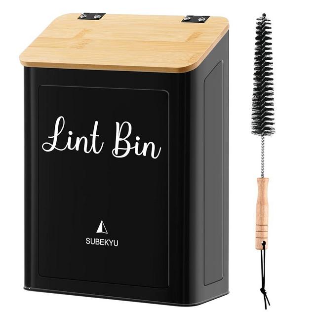 SUBEKYU Metal Magnetic Lint Bin for Laundry Room, Wall Mounted Lint Box Holder with lid for Dryer,Black with Bamboo Lid