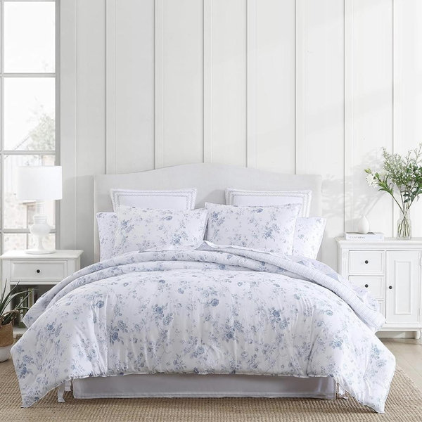 Laura Ashley- Queen Comforter Set, Reversible Cotton Bedding with Matching Sham(s), Dorm Essentials (Belinda Blue, Queen)