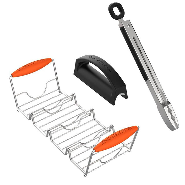 Blackstone 5312 Essential 3-Piece Hot Dog Kit — Includes Tongs, Stainless Steel Hot Dog Rack with Heat Resistant Handles & Hot Dog Scouring Tool, Dishwasher Safe