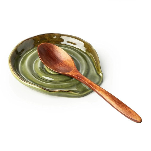 Besmeety Ceramic Spoon Rest for Stove Top, Spoon Holder for Kitchen Counter, Spatula Rest, Farmhouse Utensil Holder (Kiln Green)