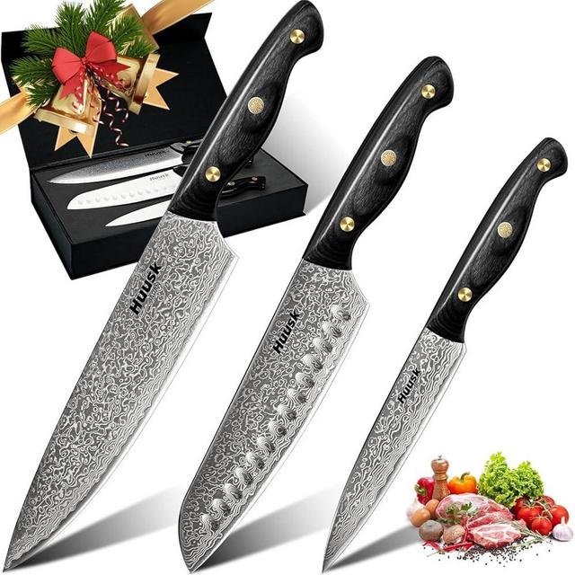 Huusk Damascus Chef Knife Set 3 PCS，VG10 Santoku Knife set，Damascus Kitchen Utility Knife set with Ebony Handle, Damascus Paring Knife Set for Meat Vegetable Fruit, Dad Mom Gift