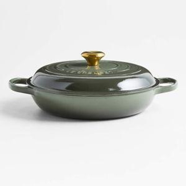 Rhône Le Creuset Signature 3.5-Qt. Flamme Doree Braiser with Crucible Knob + Reviews | Crate & Barrel