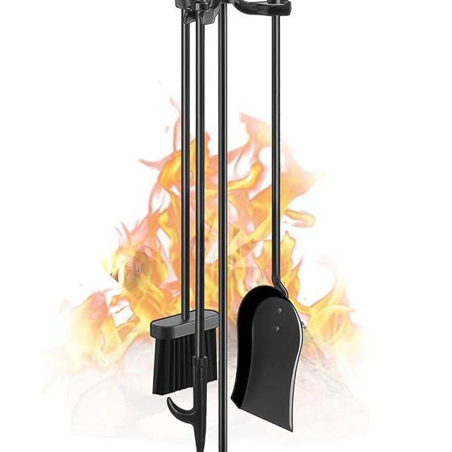 Gtongoko Fireplace Tools Set 4 Pcs 30 Inch Black Wrought Iron Large Fire Tool Set for Outdoor/Indoor Include Chimney Poker, Antique Shovel, Rustic Brush and Stand Accessories Set