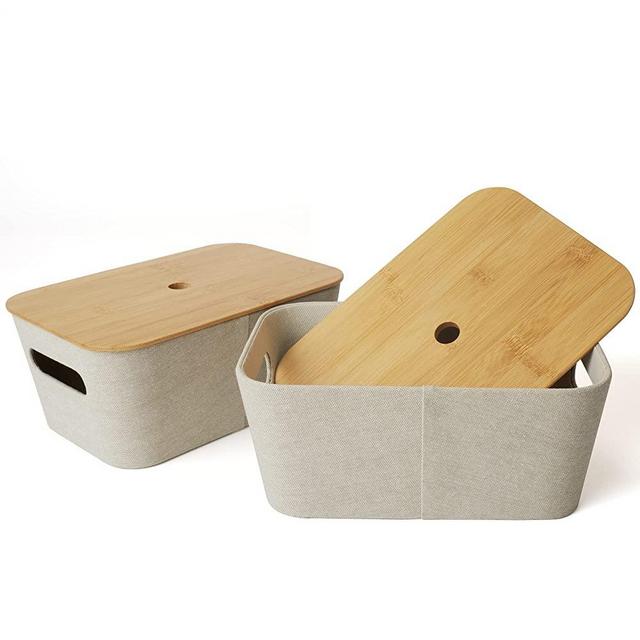 LA JOLIE MUSE Mid-Century Modern Storage Basket Set of 2, Tweed Fabric Baskets for Shelf Cube Closet Bookcase Drawer Cabinet, Multipurpose Organizer Bin with Bamboo Lid, Beige