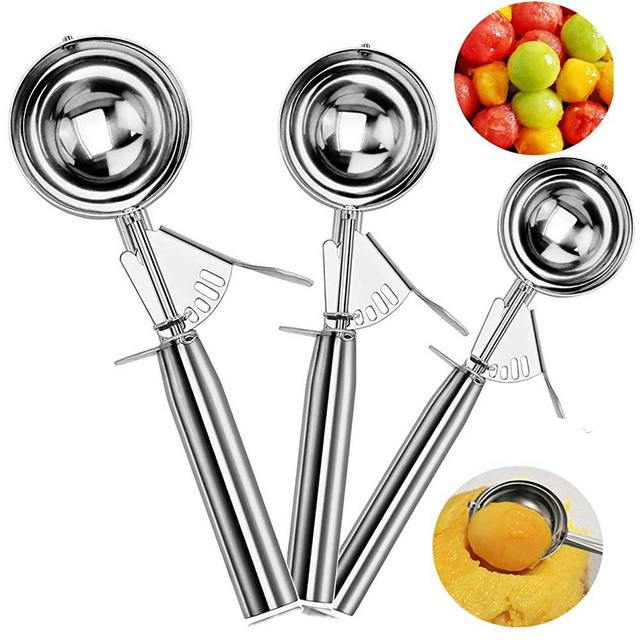 Ice Cream Scoop Set of 3 - Cookie Scoop Set with Trigger - Large Medium Small Excellent Stainless Steel Ice Cream Scooper, Muffin Scoop/Melon Baller/Potato Mashers for Kids and Families, Elegant Packa