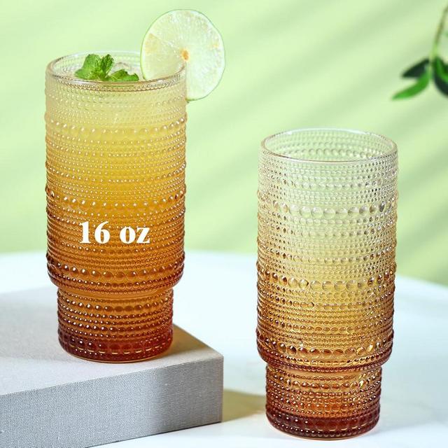 Cowjut 6pcs Hobnail Drinking Glasses Set, 16 oz Vintage Glassware Drinking Glasses, Gradual Amber Water Glasses Tumbler, Cups for Kitchen, Juice, Beer, Cocktail, Whiskey