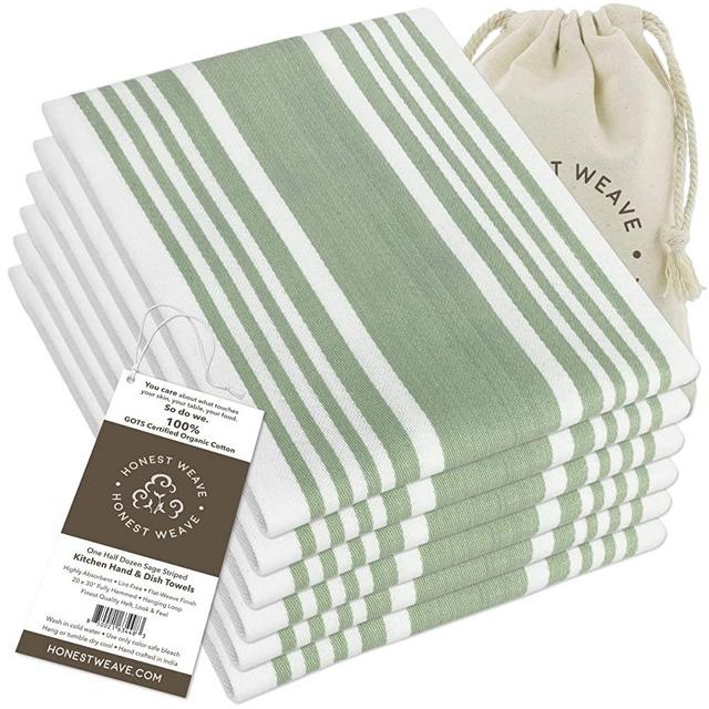 HONEST WEAVE GOTS Certified Organic Cotton Kitchen Hand and Dish Towel Sets - Oversized 20x30 inches, Fully Hemmed, in Designer Colors, 6-Pack, Sage Stripe