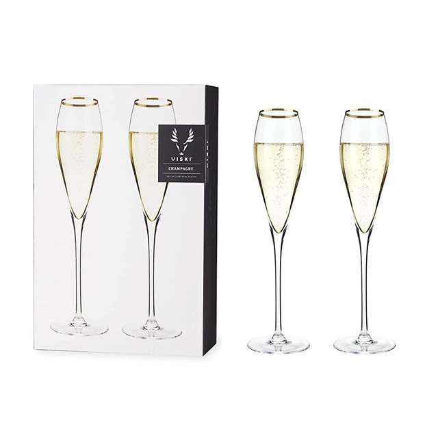 Viski Gold-Rimmed Crystal Champagne Flutes Set of 2, No-Lead Premium Crystal Clear Glass, Modern Stemmed, Champagne Glass Gift Set, 8oz