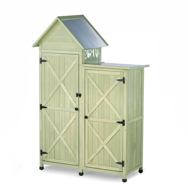FTCBNet Outdoor Storage Cabinet - Waterproof Metal Roof & Wooden Vertical Design, Tall Garden Tool Shed with Multiple Shelves for Patio, Backyard, Lawn, Yard (Green, 22" x 46" x 67")