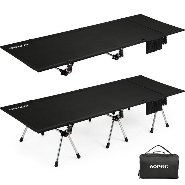 AOPEC 75" Camping Cot, Heavy Duty 350lbs Capacity, Adjustable Height with Leg Extenders, Lightweight Aluminum Frame Portable Folding Bed for Camping,Travel, Beach, Office Nap