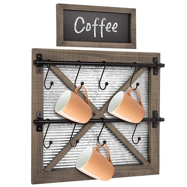 Autumn Alley Rustic Barn Door Wall Mounted Mug Rack with Blackboard for Coffee Sign Decor - Farmhouse Kitchen Decor - Holds 8 Mugs