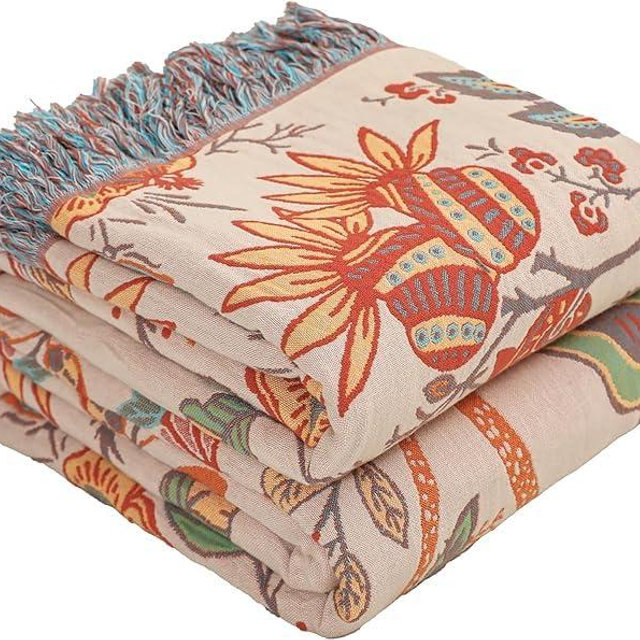 Boho Fall Throw Blanket for Bed，100% Ultra Cotton Soft Breathable Bed Throw Floral Printed Farmhouse Decor Rustic Bed Throws for Couch Sofa Quilt 60" x 80"-Orange& Sage Green