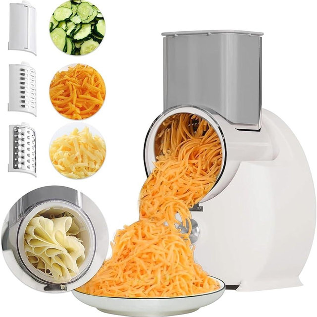 Electric Cheese Grater for Block Cheese,2025 Upgrade Electric Grater for Home Kitchen Use,3 Changeable Blades Salad Shooter Electric Slicer/Shredder for Vegetable Fruit Nuts White