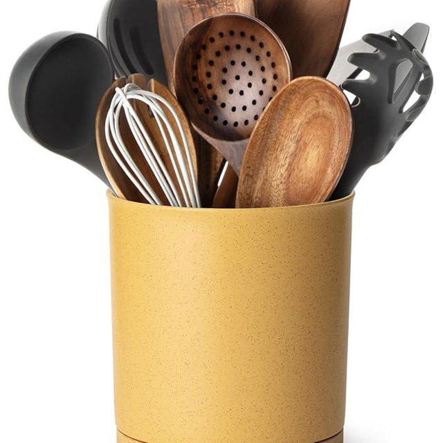 Nucookery 360°Rotating Utensil Holder, 7.2" Kitchen Utensil Crock, Ceramic Cooking Utensil Organizer with Countertop-Protection Cork Bottom for Farmhouse Kitchen Decor Christmas (Yellow Sand)