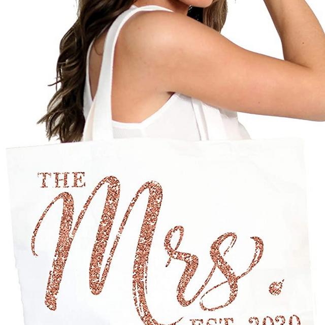 Bride Tote Bag Rose Gold - The Mrs. Est. 2020 JUMBO SIZE 18" x 14" Cotton Wedding Totes - Bridal Shower Gift