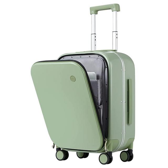 Carry On Luggage, 20'' Suitcase with Front Laptop Pocket, Travel Rolling Luggage Aluminum Frame PC Hardside with Spinner Wheels & TSA Lock and Cover - Avocado Green