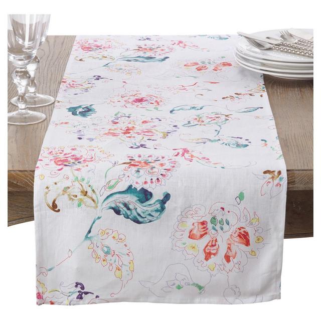 White Primavera Printed Floral Design Table Runner (16"x72")- Saro Lifestyle
