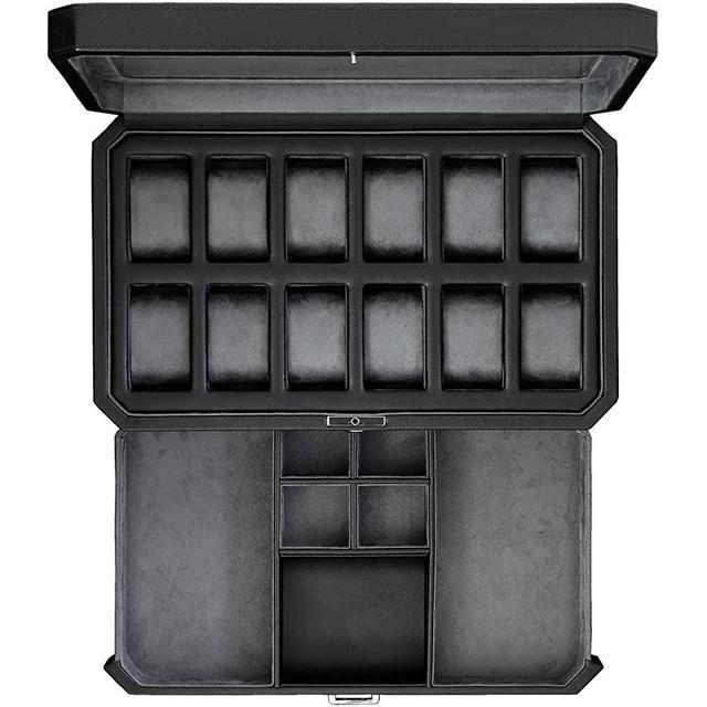 Watch Box with Valet Drawer for Men - 12 Slot Luxury Watch Case Display Organizer, Microsuede Liner, Locking Mens Jewelry Watches Holder, Men's Storage Boxes Holder Large Glass Top