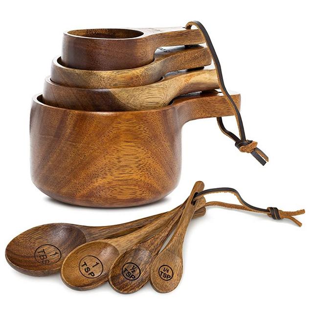 Kraft Kitchen Wooden Measuring Cups and Spoons Set - Wood Measuring Cups, Wooden Measuring Spoons Set, Wood Kitchen Accessories, Cute Measuring Cups and Spoons Set, Measuring Set for Dry Ingredients