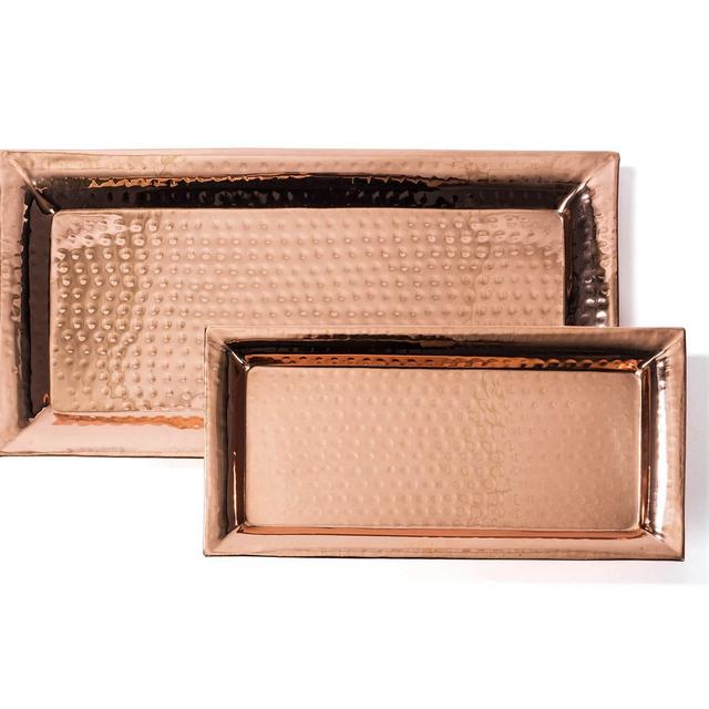 Hammered Tray – Set of 2, Serving Platter 16x8 Inch, Rectangular Serving Dish 12x6 Inch, Pure Copper, Stackable - Nesting Trays by Colleta Home