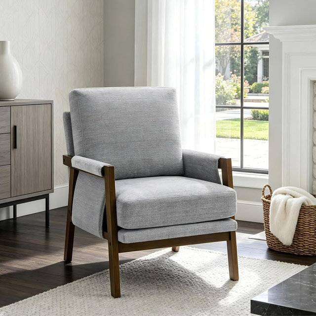 RNKSFX Grey Accent Chair for Bedroom & Living Room, Mid Century Modern Accent Arm Chair, Upholstered Anthropologie Accent Chair with Solid Wood Frame, Fabric