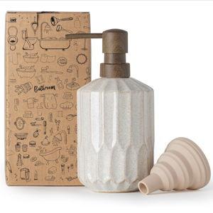 Fun Elements Bathroom Soap Dispenser, 16 Oz Luxurious Hand soap Dispenser for Bathroom, Ceramic Liquid Soap Dispenser for Bathroom Countertop with Plastic Pump, Silicone Funnel (Wooden Color Pump)