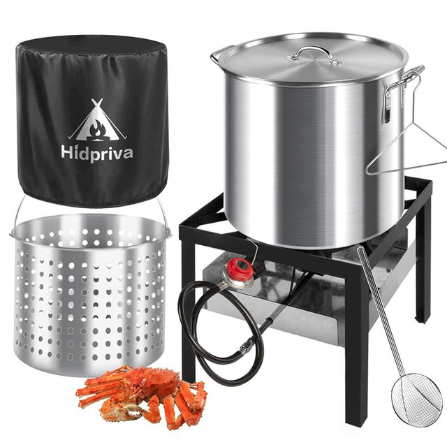 Hidpriva 60QT Crawfish Boiler Kit, Waterproof Cover & 12-inch Skimmer, 110,000BTU Propane Burner Stove, 0-20PSIG Regulator, Aluminum Seafood Boil Pot, Crab Boil Pot with Basket